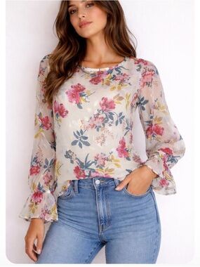 Loft blouse top Shimmer Floral Chiffon Ruffle Puff Sleeve Blouse Size Cream SZ S